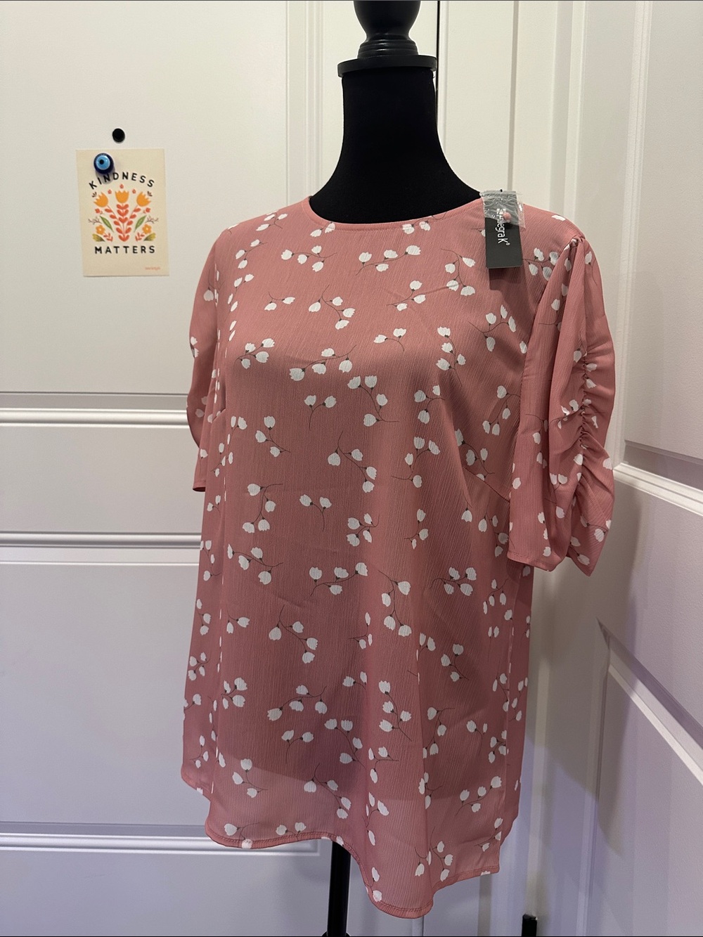 Allegra K Dusty Rose Short Sleeve Floral Blouse